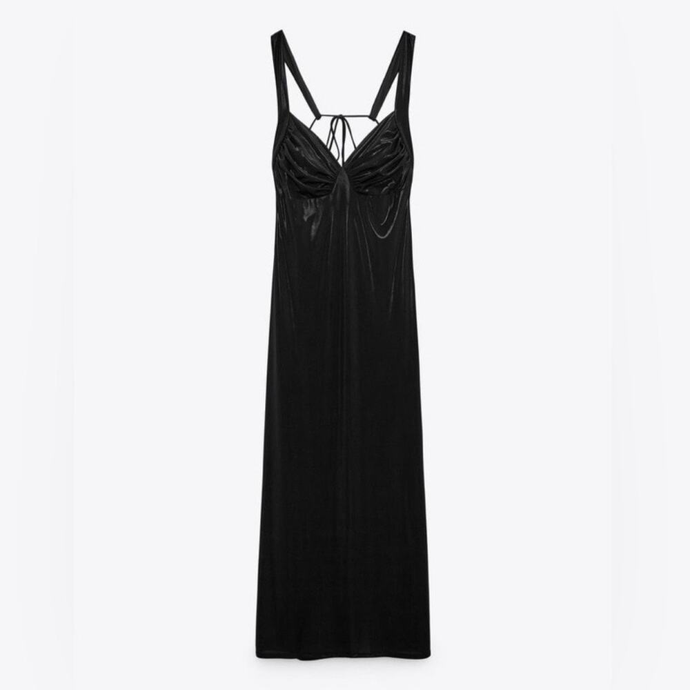Zara Metallic Open Back Ruched Maxi Cocktail Dress Women's Small Black Baddie